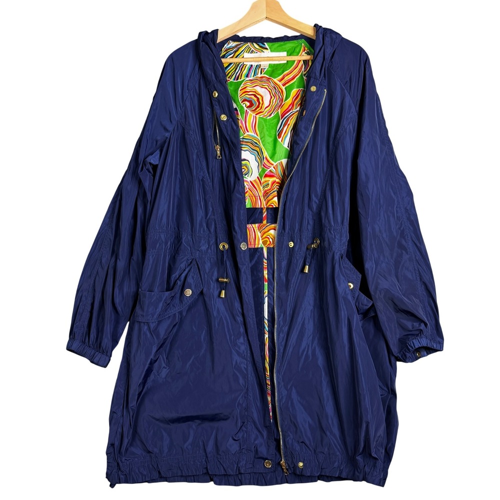 Trina Turk Shed Rain Navy Blue Hooded Raincoat Vibrant Patterned Lining Large